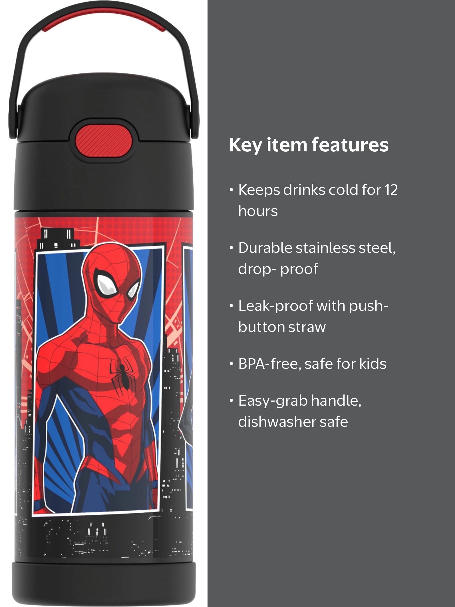Thermos Kids Stainless Steel Funtainer Water Bottle with Straw, Dishwasher Safe, Leak Proof, Spiderman, 14 oz