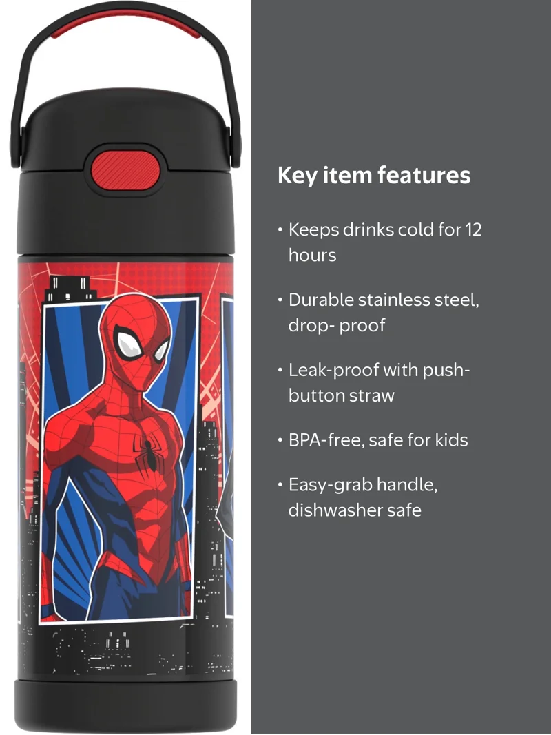 Thermos Kids Stainless Steel Funtainer Water Bottle with Straw, Dishwasher Safe, Leak Proof, Spiderman, 14 oz