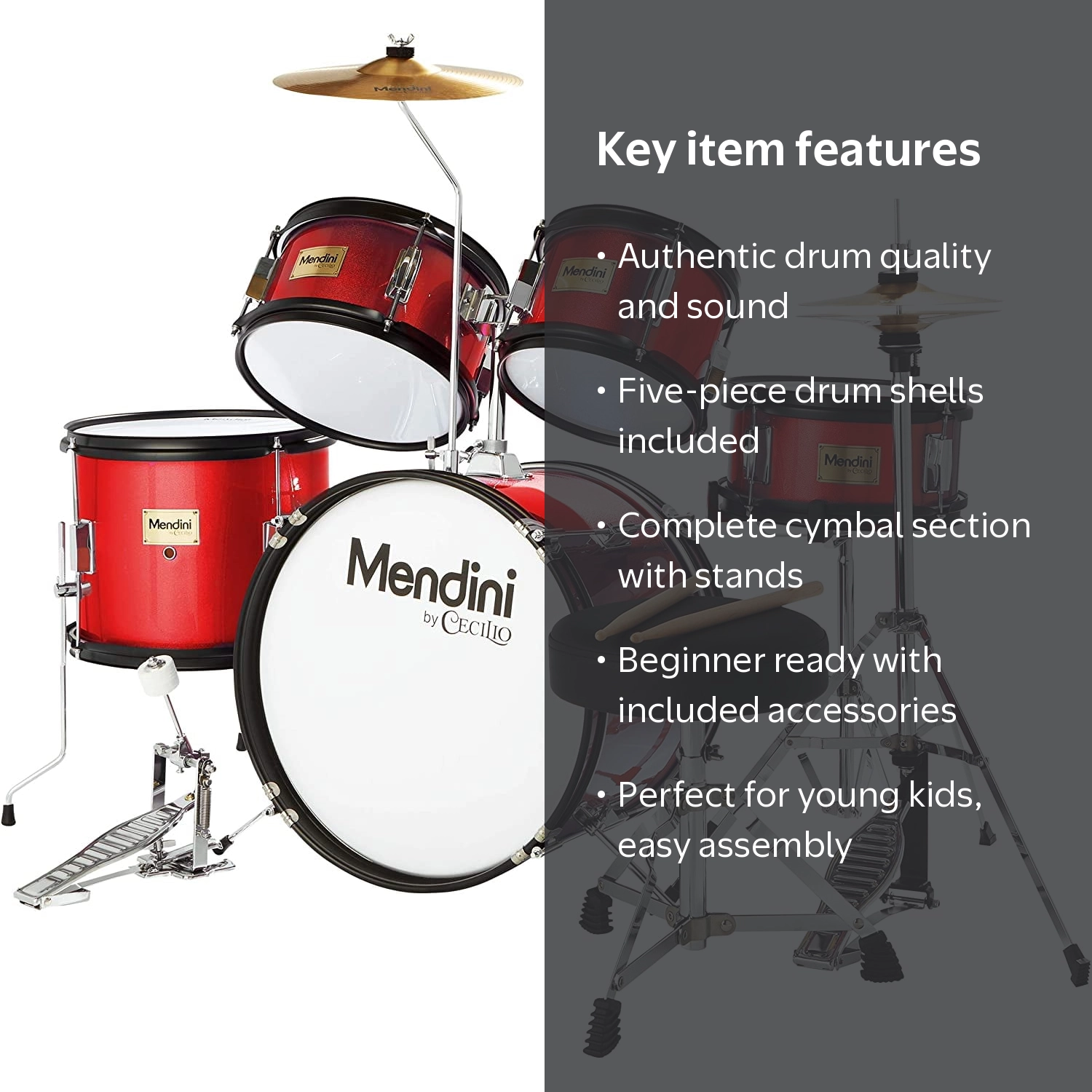 Mendini By Cecilio Kids Drum Set - Starter Kit with Bass, Toms