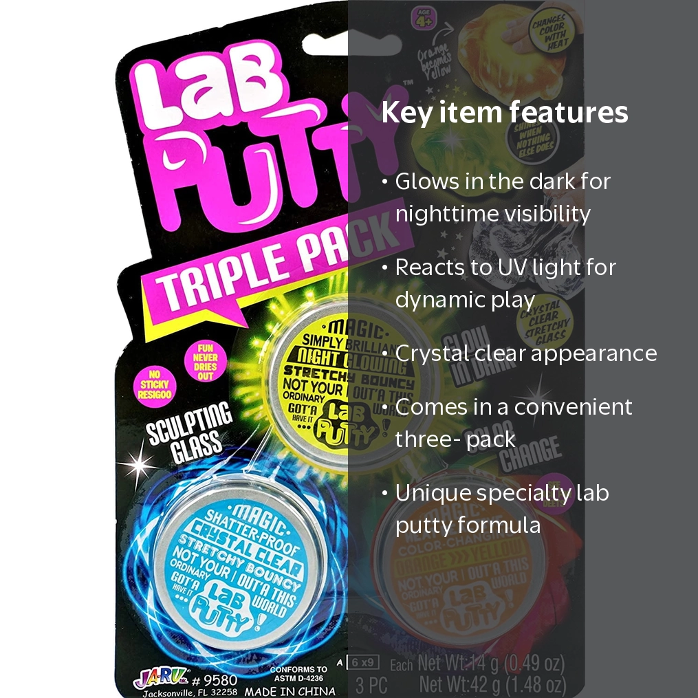 Ja-Ru Lab Putty Triple Pack Crystal Clear, UV Sensitive, Glow in
