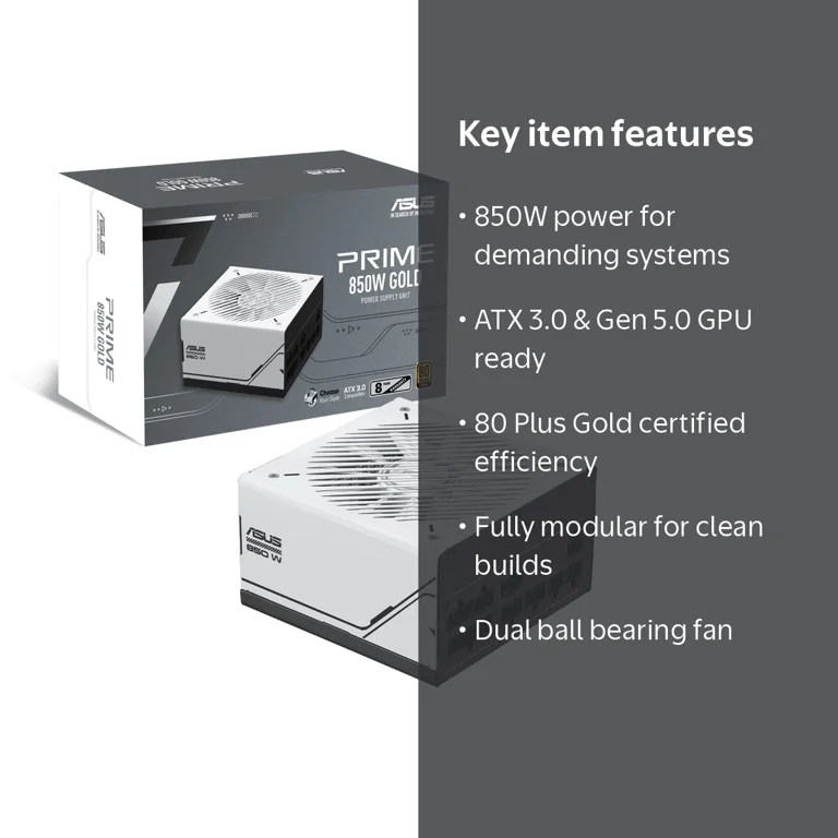 ASUS Prime 850W Gold Power Supply, Fully Modular, ATX 3.0
