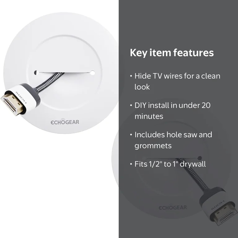 ECHOGEAR TV Cord Hider For Wall Mounted TV - White Cable Management Kit Hides Tv Wires Behind The Wall Includes 2 Pass Throughs Locking Brackets And Hole Saw Drill Attachment For Easy Install