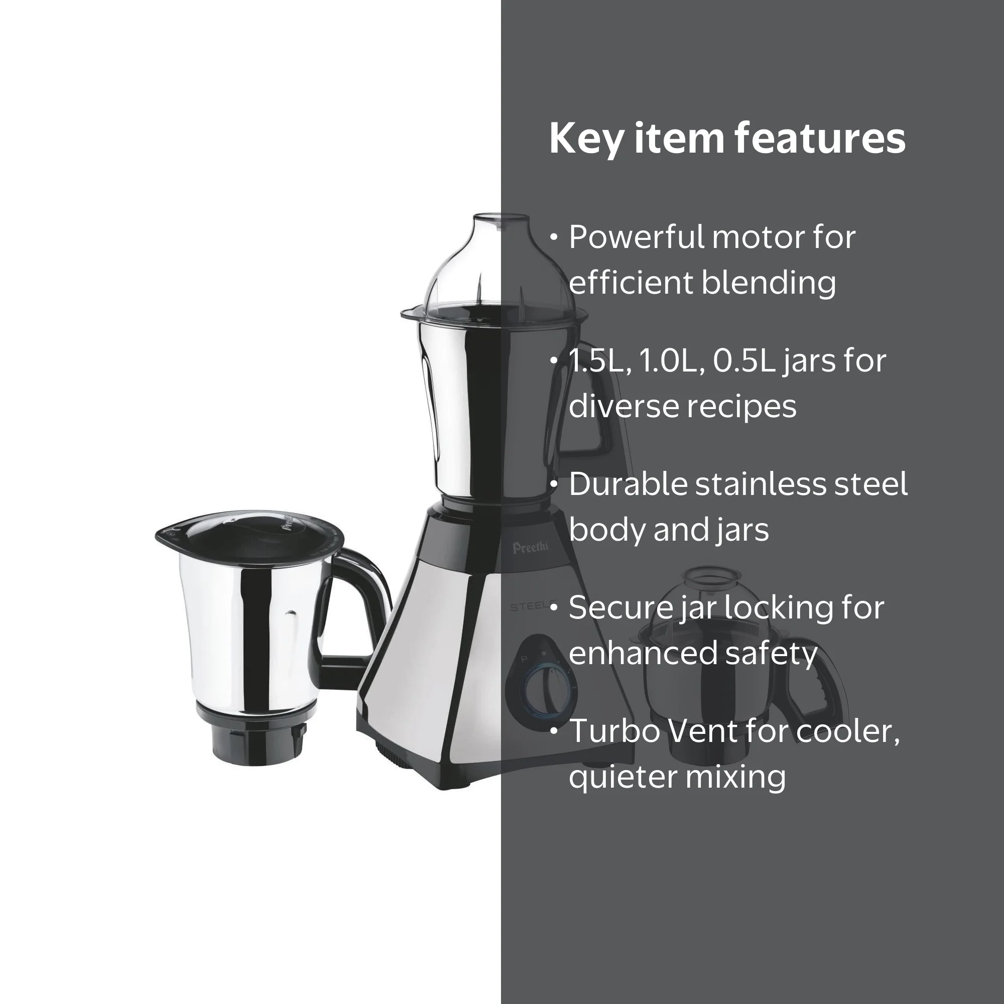 Preethi Steele Electric Kitchen Mixer Grinder, 110-Volts for