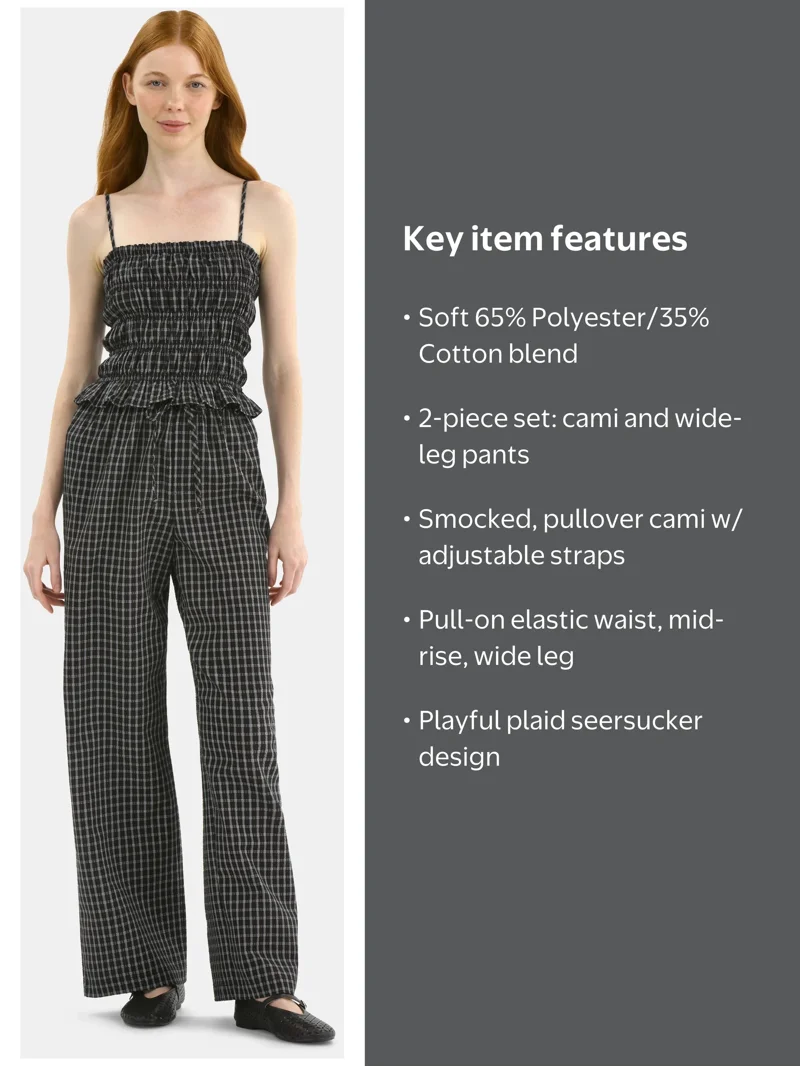 No Boundaries Plaid Seersucker Cami Top and Pants Set, Smocked