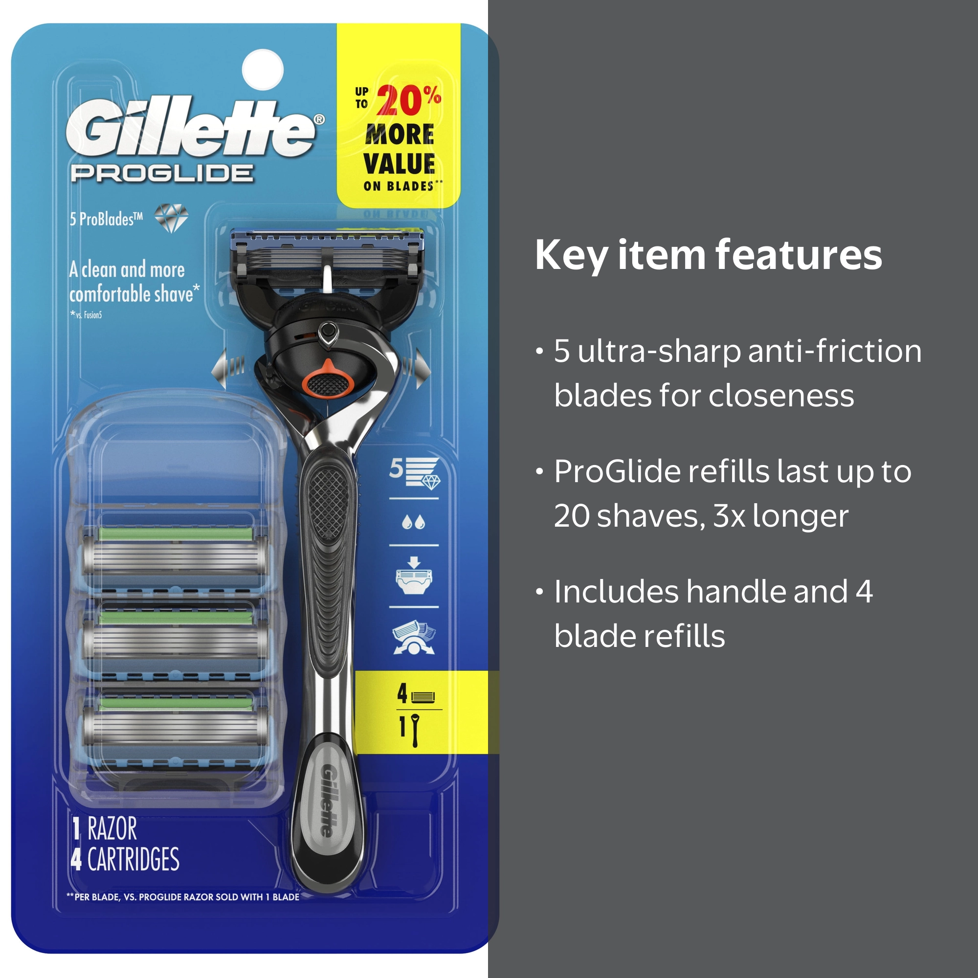 Gillette, Men's Razor Value Pack, 1 Handle & 4 Blade Refills