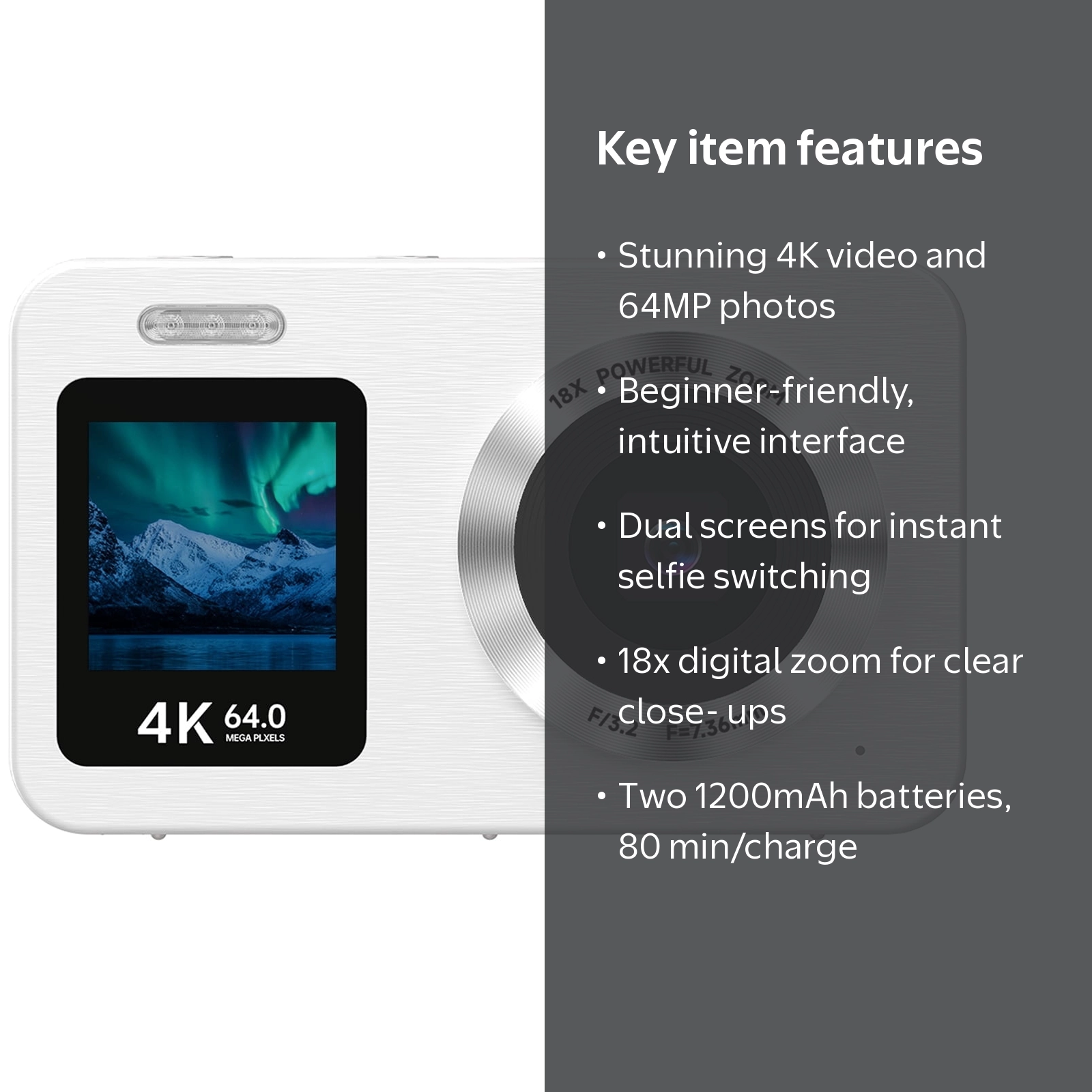 Froura, Digital Camera, 4K, 64MP, 18X Zoom, Dual-Screen, 64GB Card