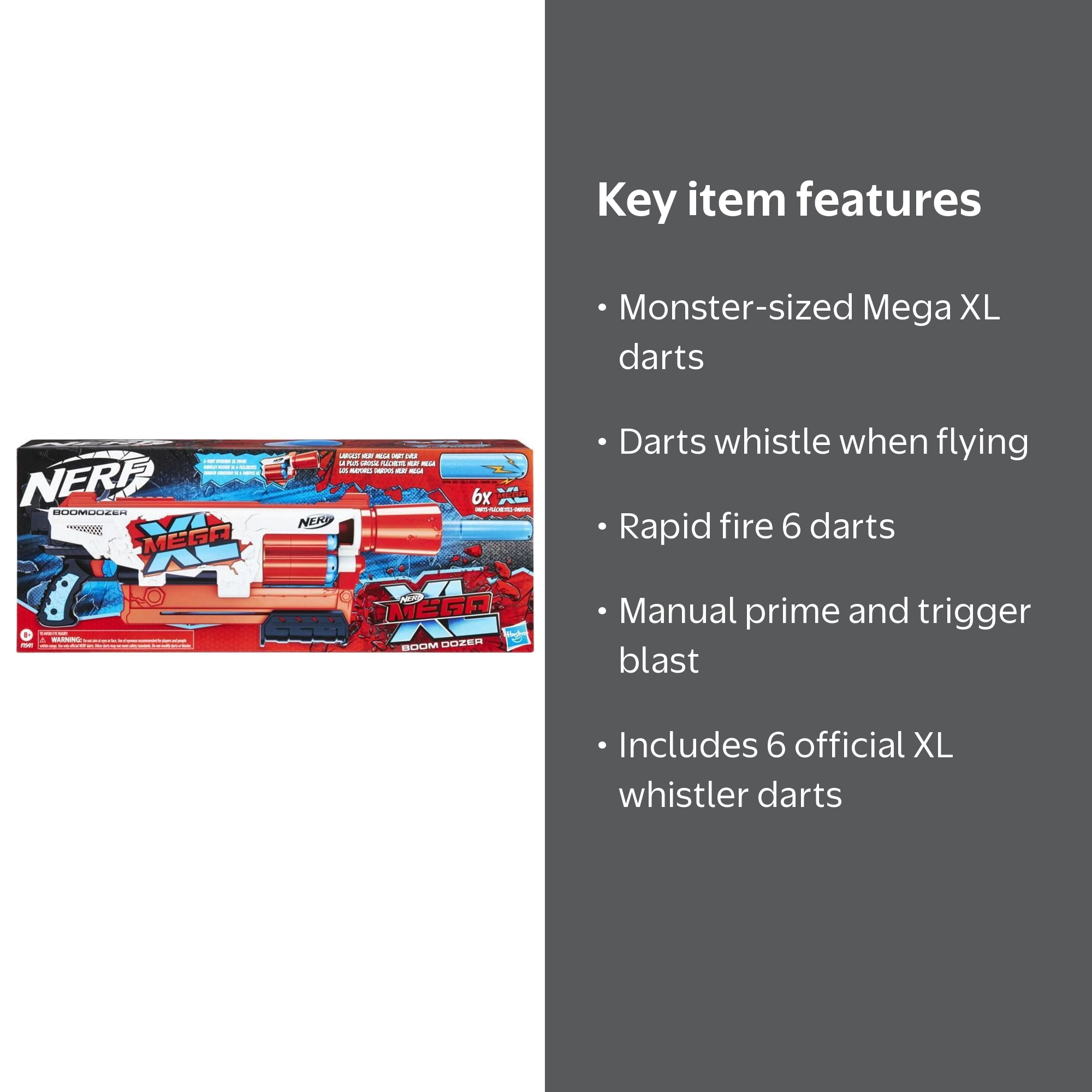 Nerf Mega XL Boom Dozer Kids Toy Blaster with 6 Whistler Darts