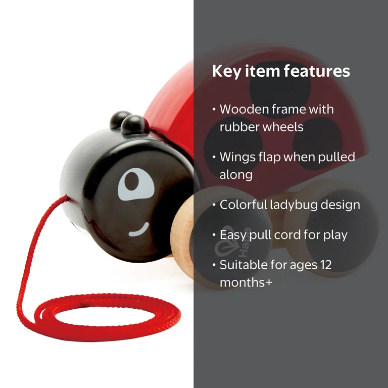 Hape Pull Along Ladybug, Wooden Toy with Moving Wings, Rubber