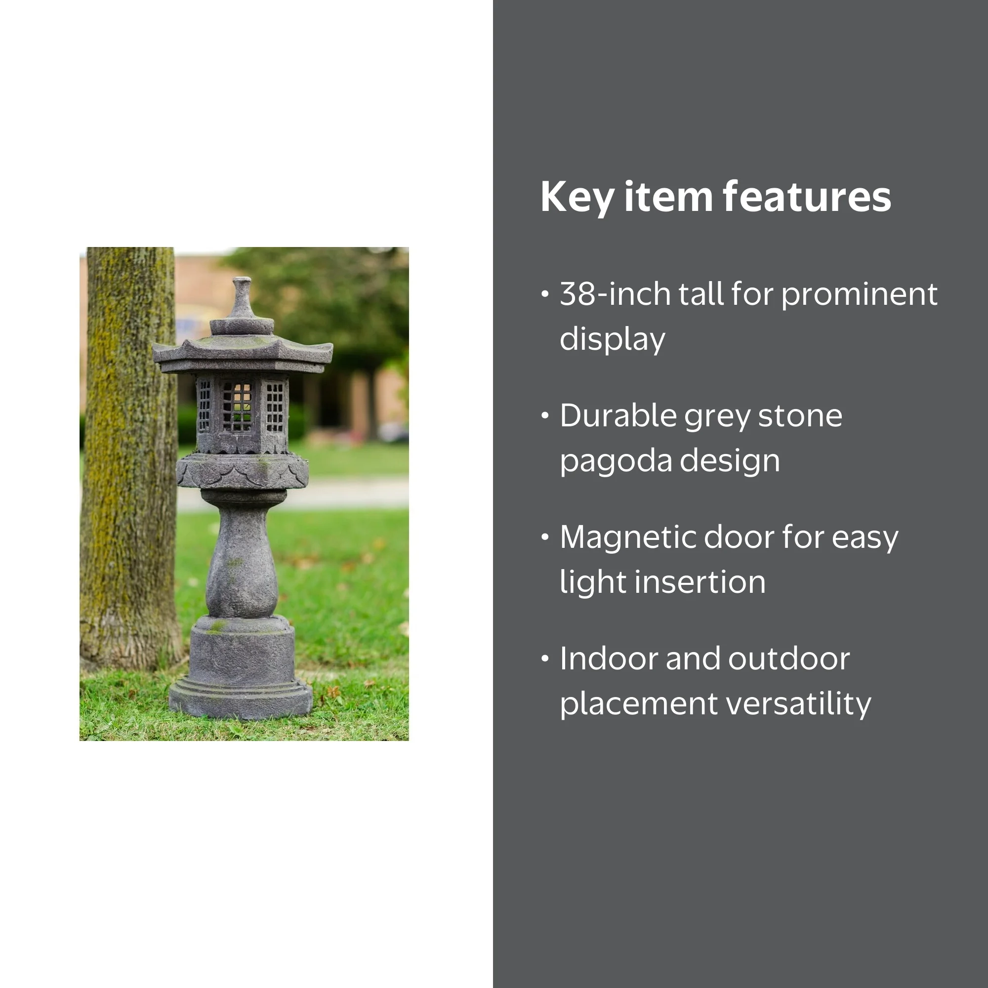 38In Grey Stone Pagoda Lantern with Magnetic Door, Suitable for