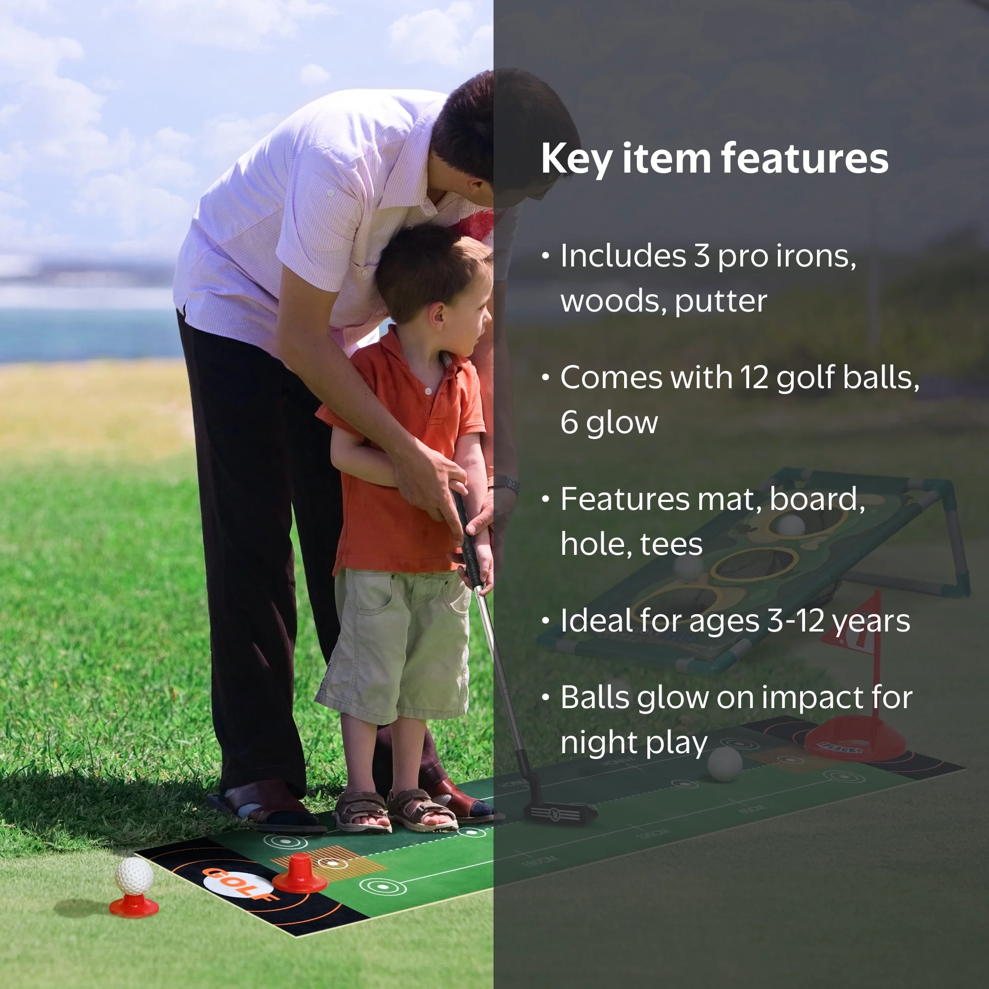 TOPFOX Kids Golf Clubs Toy Set, 6 LED Golf Balls, 3 Custom Clubs