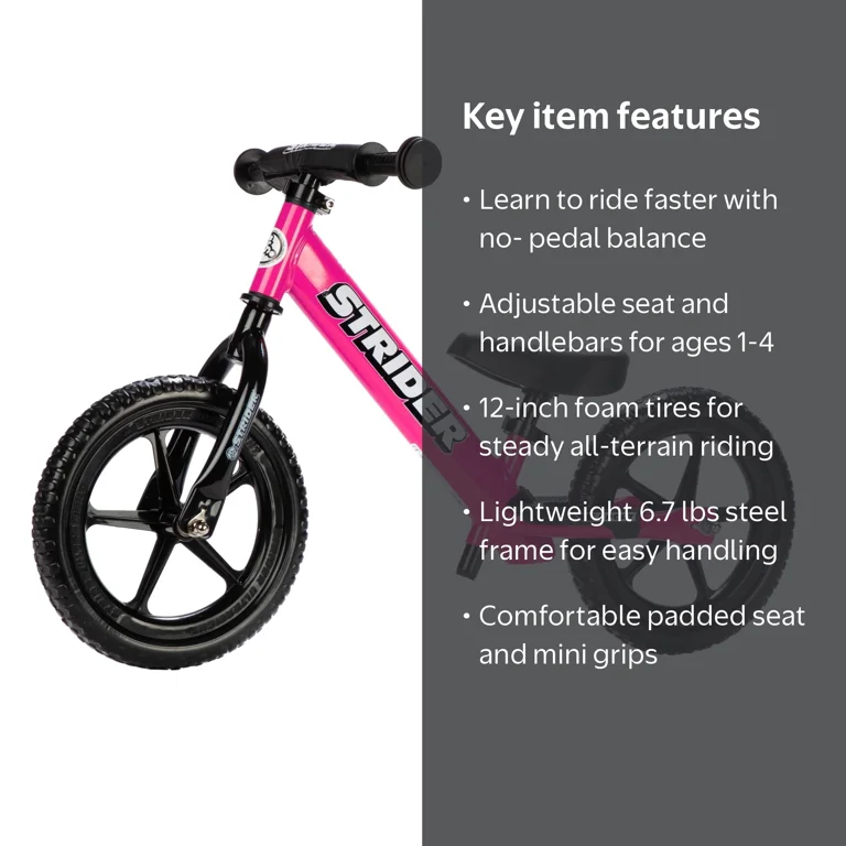 Strider 12 Sport Bike, Pink - No Pedal Balance Bicycle for Kids 1