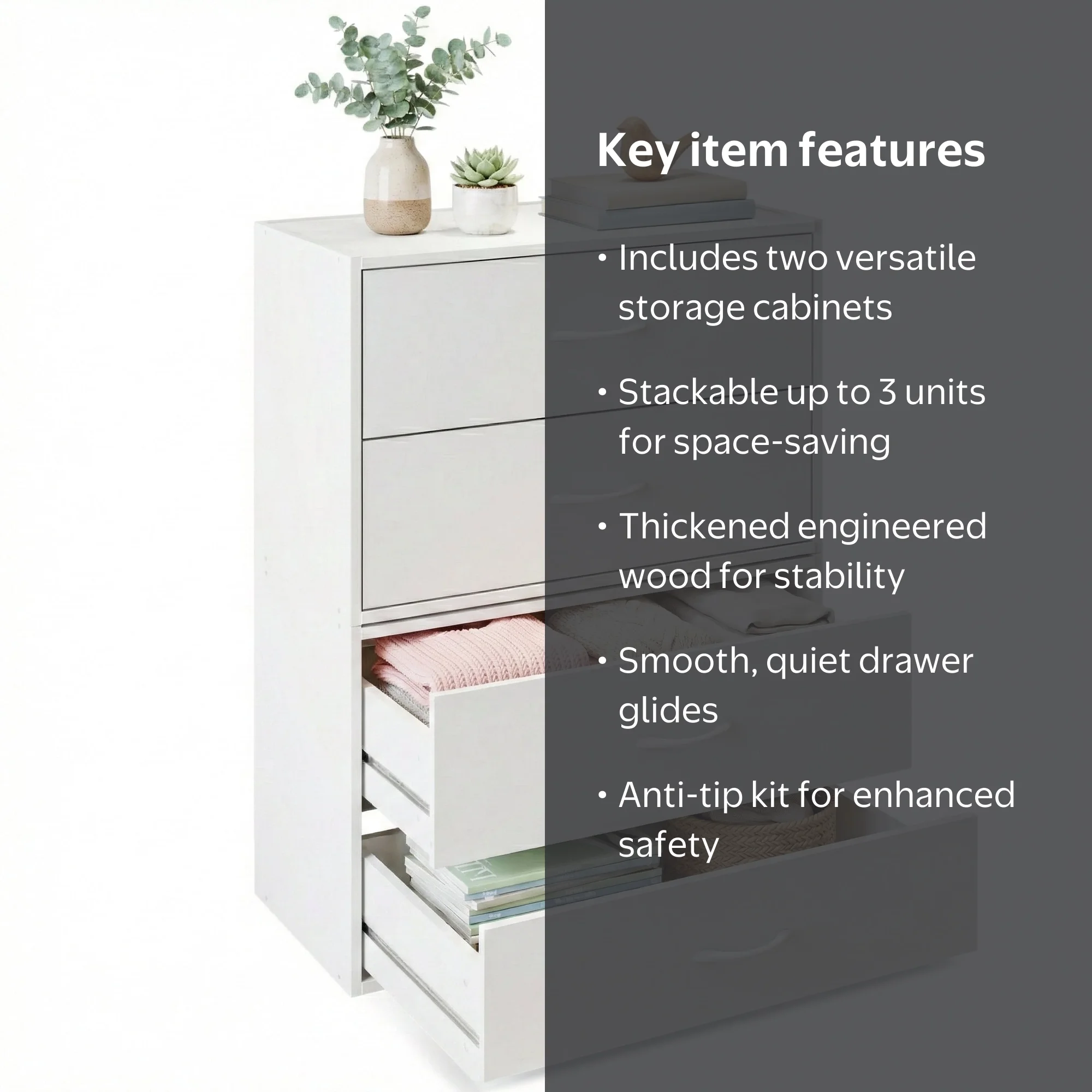 Prilinex 2-Drawer White Dresser Set of 2, Stackable Wood Storage