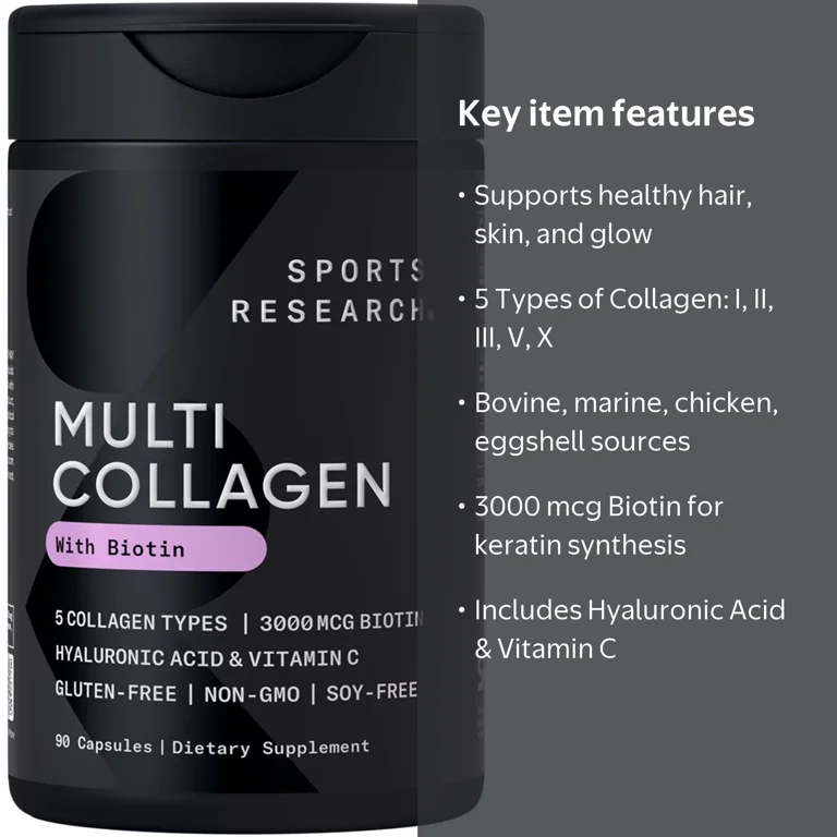 Sports Research, Multi Collagen Complex, Biotin 3000mcg, 90