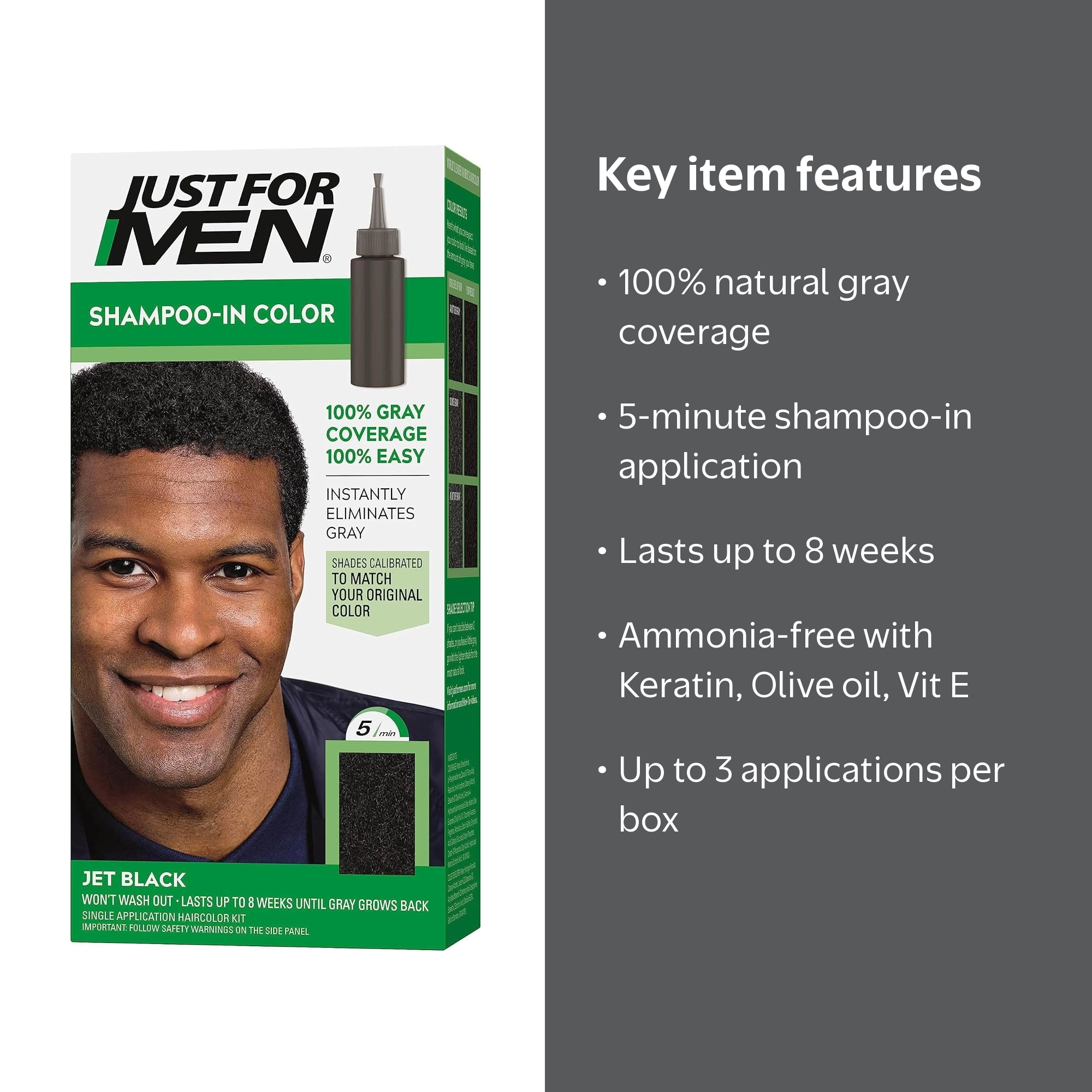 Just For Men, Shampoo-in Hair Dye, H-60 Jet Black, Natural Look