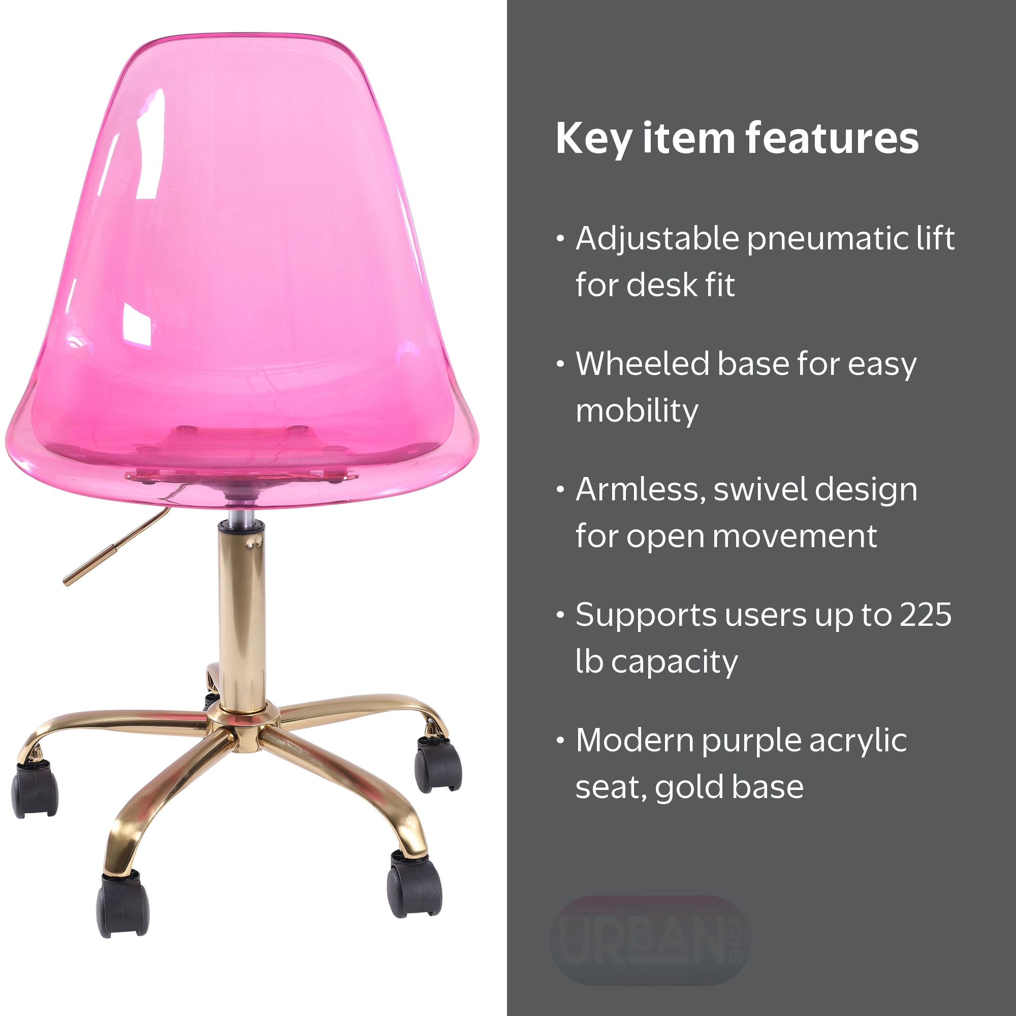 Mainstays Acrylic Rolling Office Chair, Purple, High Back