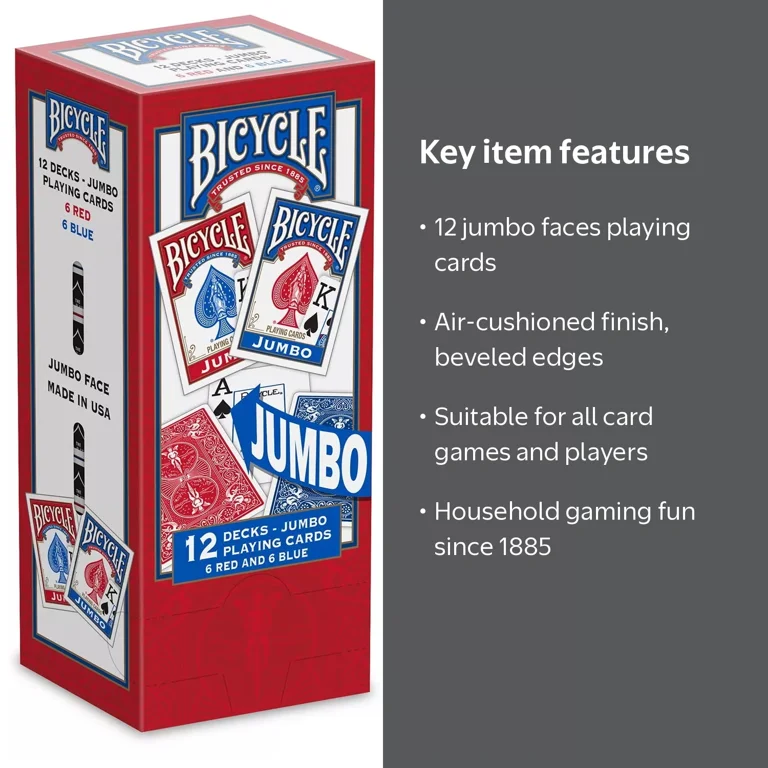 Bicycle Jumbo 12-Deck Playing Cards Pack for Games, Red/Blue