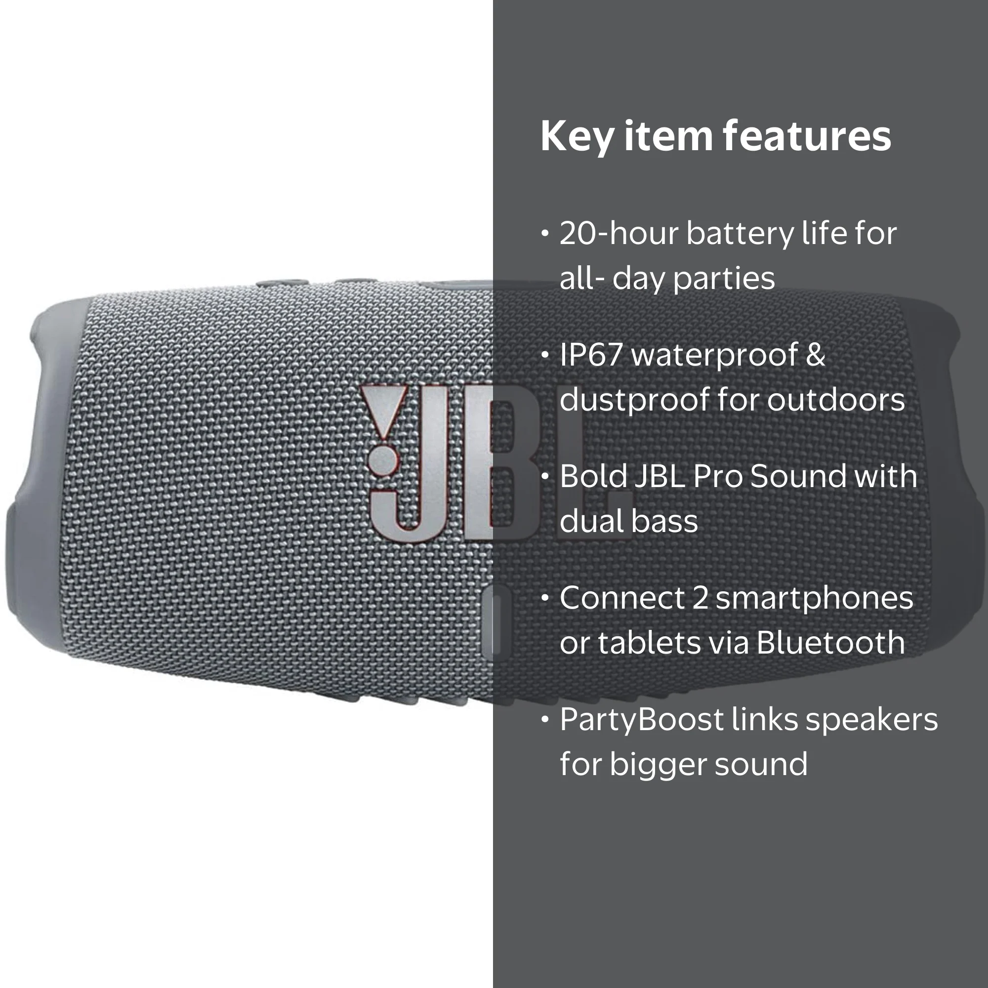 JBL Charge 5 Portable Bluetooth Speaker, Gray, Waterproof