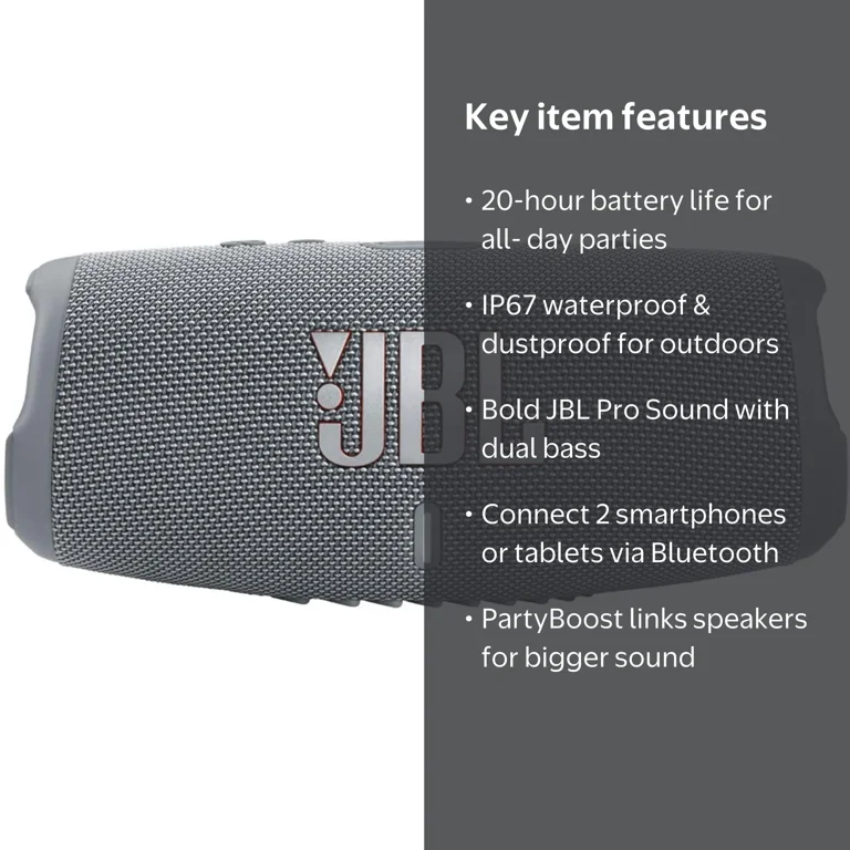 JBL Charge 5 Portable Bluetooth Speaker, Gray, Waterproof