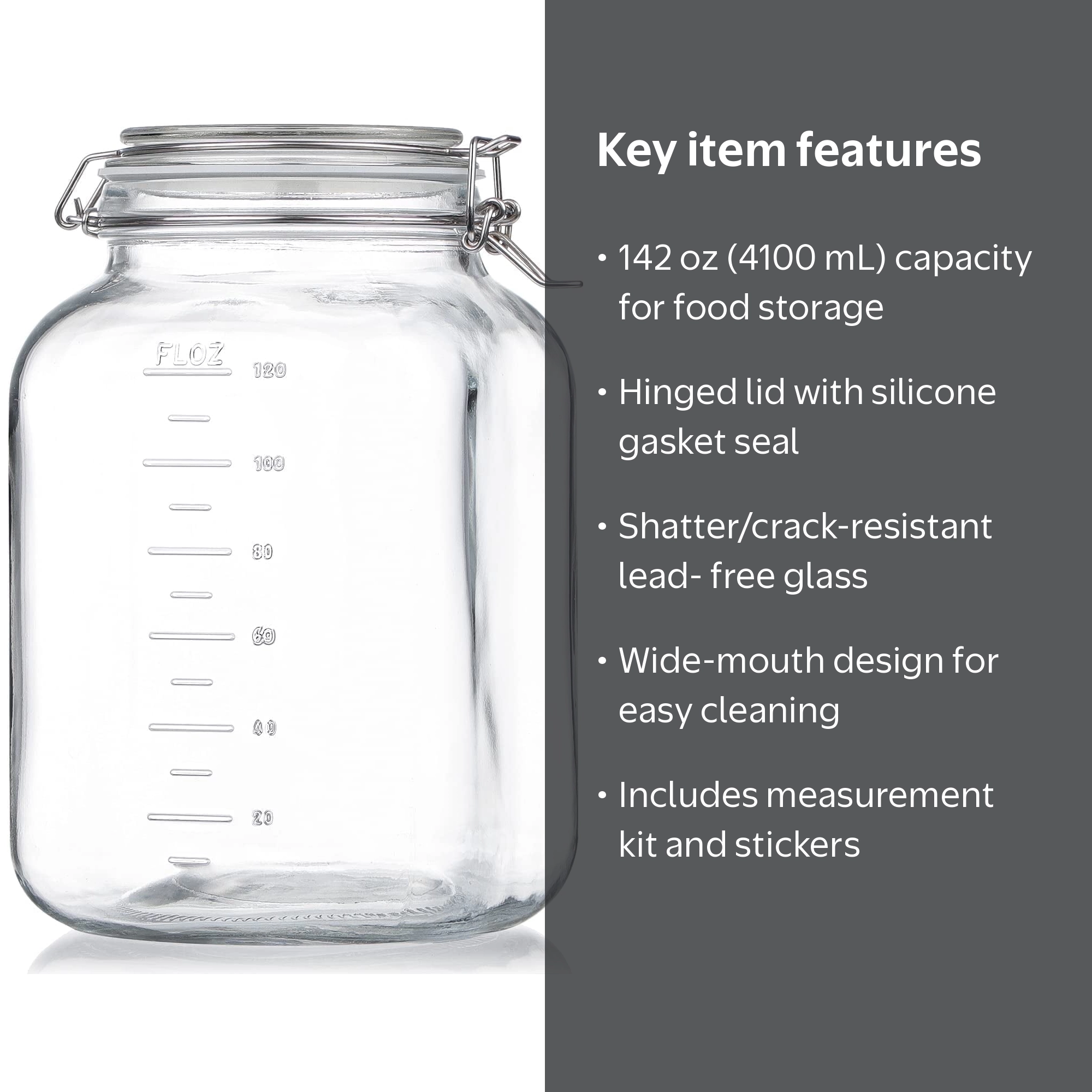 Syntic 1.1Gal Glass Jar with Hinged Lid, 142 oz Food Storage