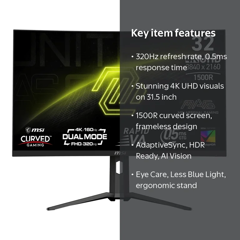 MSI, Gaming Monitor, 31.5 inch VA UHD Display, 320Hz - Walmart.com MSI, Gaming Monitor, 31.5 inch VA UHD Display, 320Hz - Walmart.com