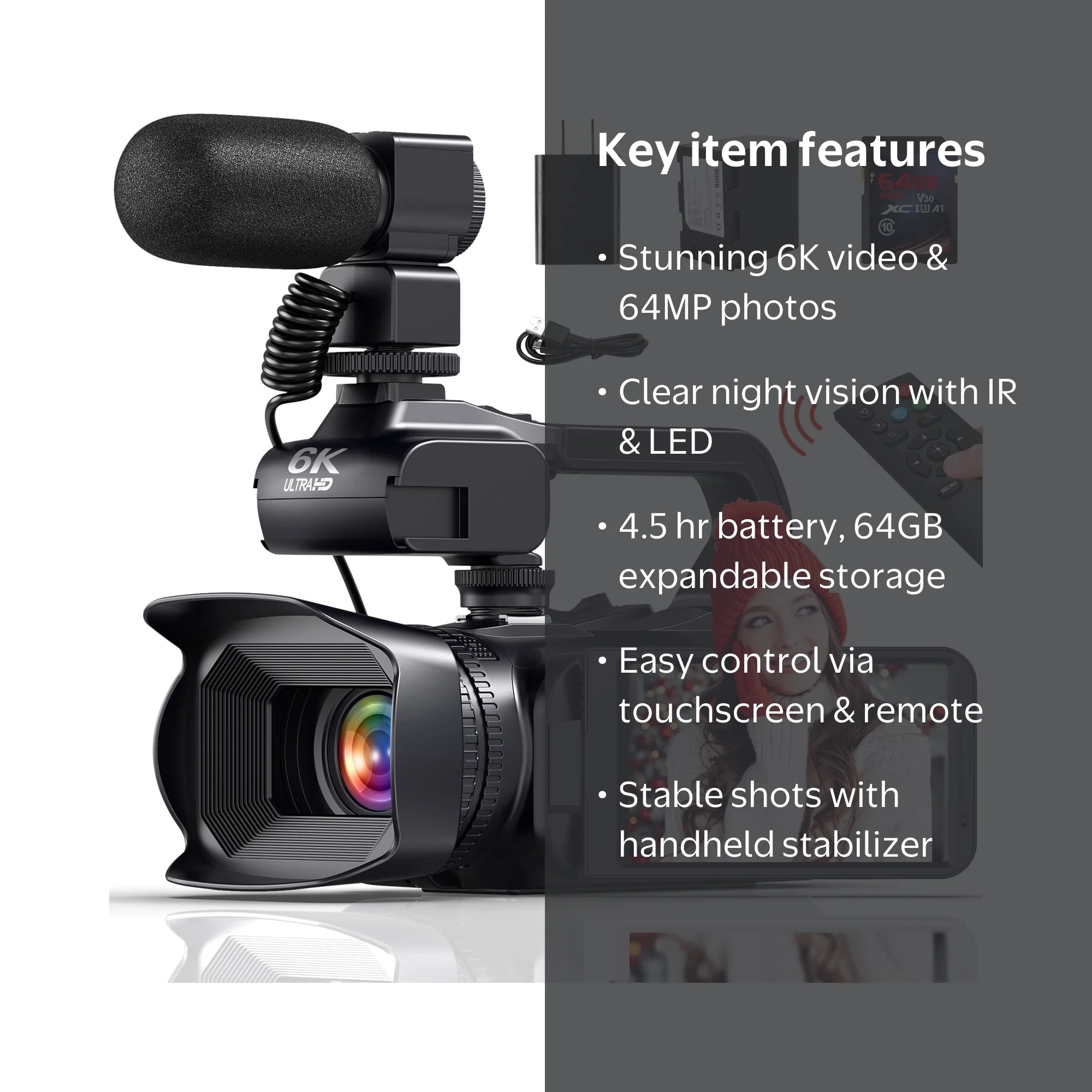 MARVUE 6K 64MP Camcorder, Infrared Night Vision, WiFi, 18X Zoom