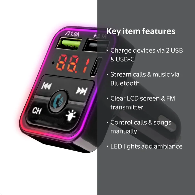 bluetooth cigarette lighter adapter walmart Onn. Bluetooth LED FM Transmitter Car Charger with LCD Screen