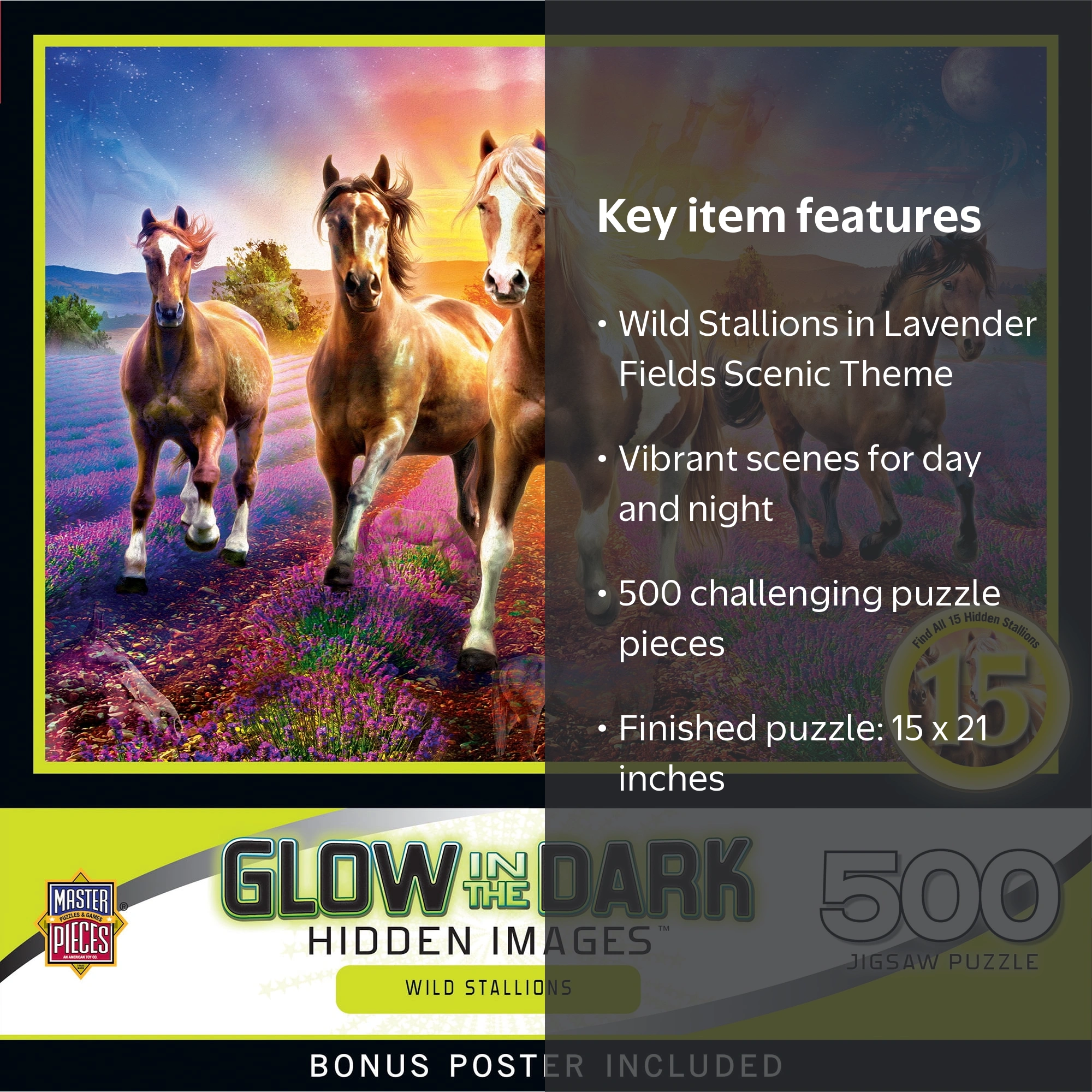 Hidden Images Glow In The Dark - Wild Stallions 500 Piece Puzzle