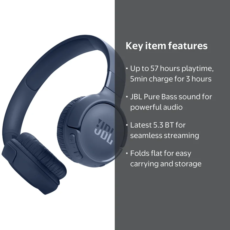 JBL Tune 520BT - Wireless Bluetooth Pure Bass Headset - Blue