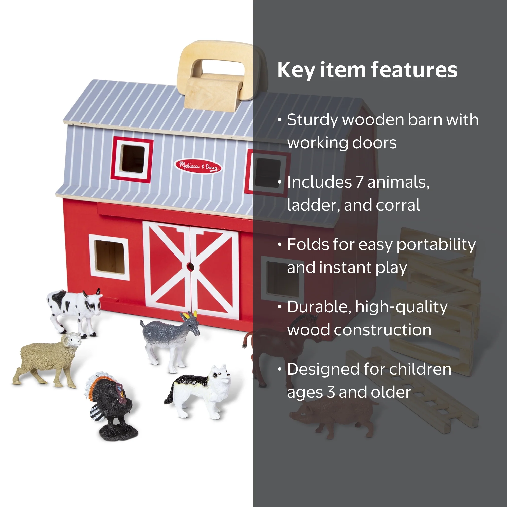 Melissa & Doug, Wooden Toy Barn, Fold and Go, with 7 Animals