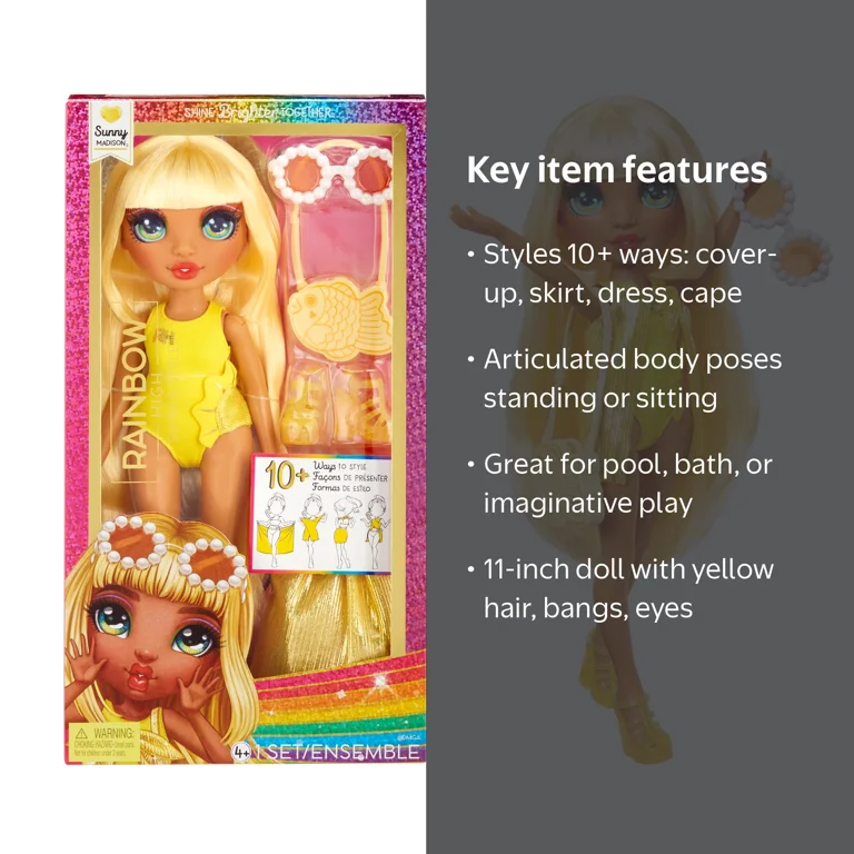 Rainbow High, Doll, Sunny 11‚Äù, Yellow, Swim & Style with Wrap