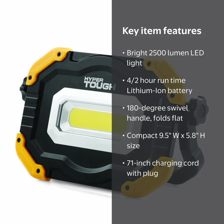 Hyper Tough 2500 Lumen LED Rechargeable Work Light, Yellow, Black