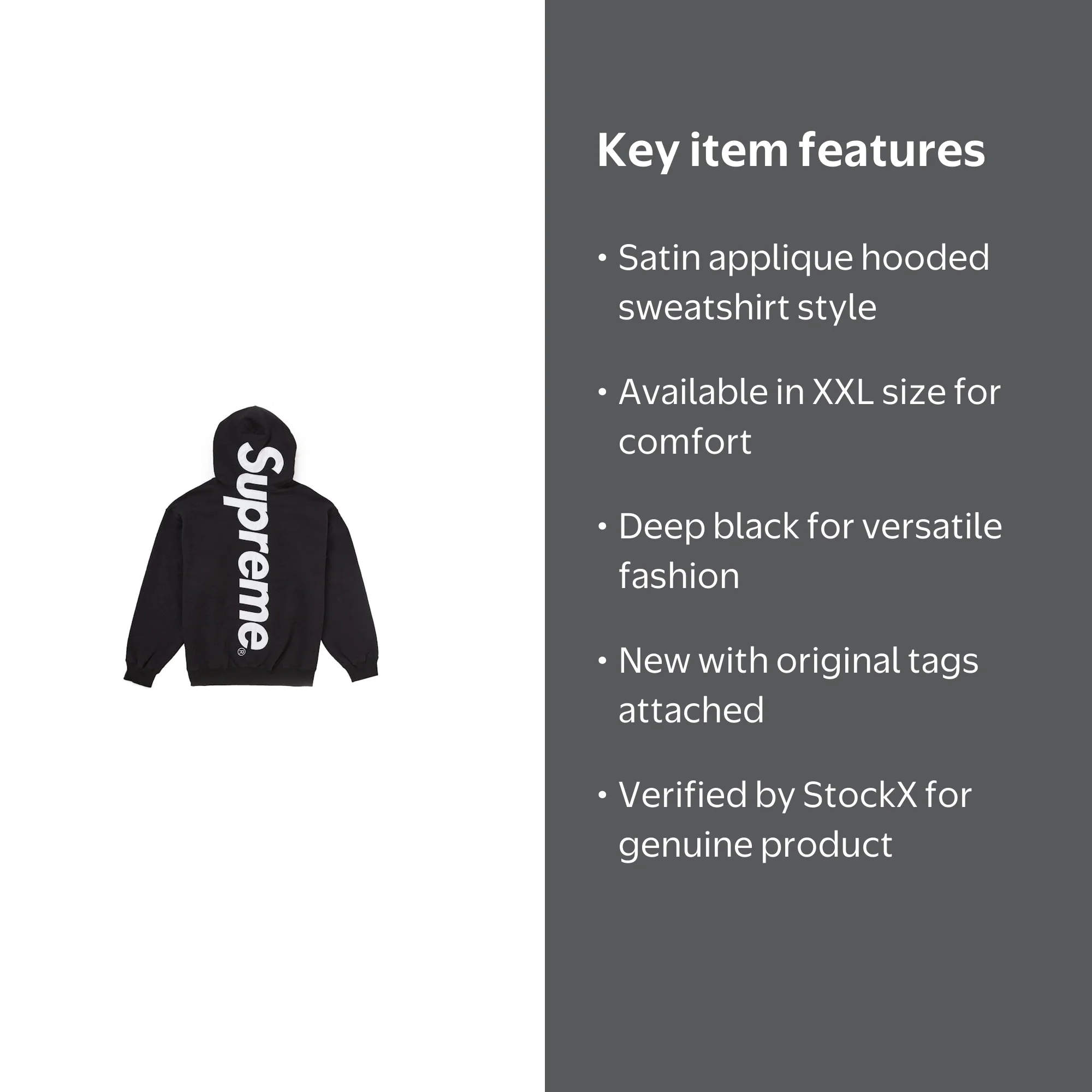 Supreme Men's Satin Applique Hooded Sweatshirt FW24 Black, from