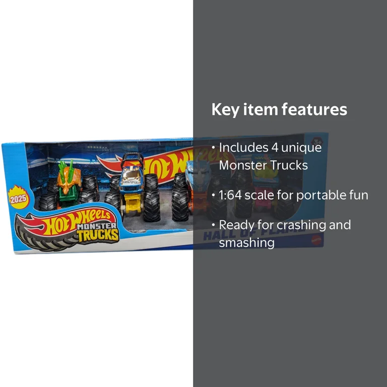 Hot Wheels 2025 Monster Trucks Set of 4-Pack 1:64 Scale Hall of