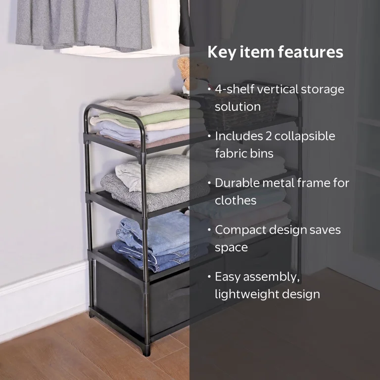 Mainstays Closet Organizer with 4 Shelves 2 Bins Metal Frame Black