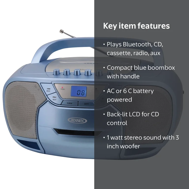 Jensen, Bluetooth MP3 Boombox, Blue, CD-590-BL with Cassette