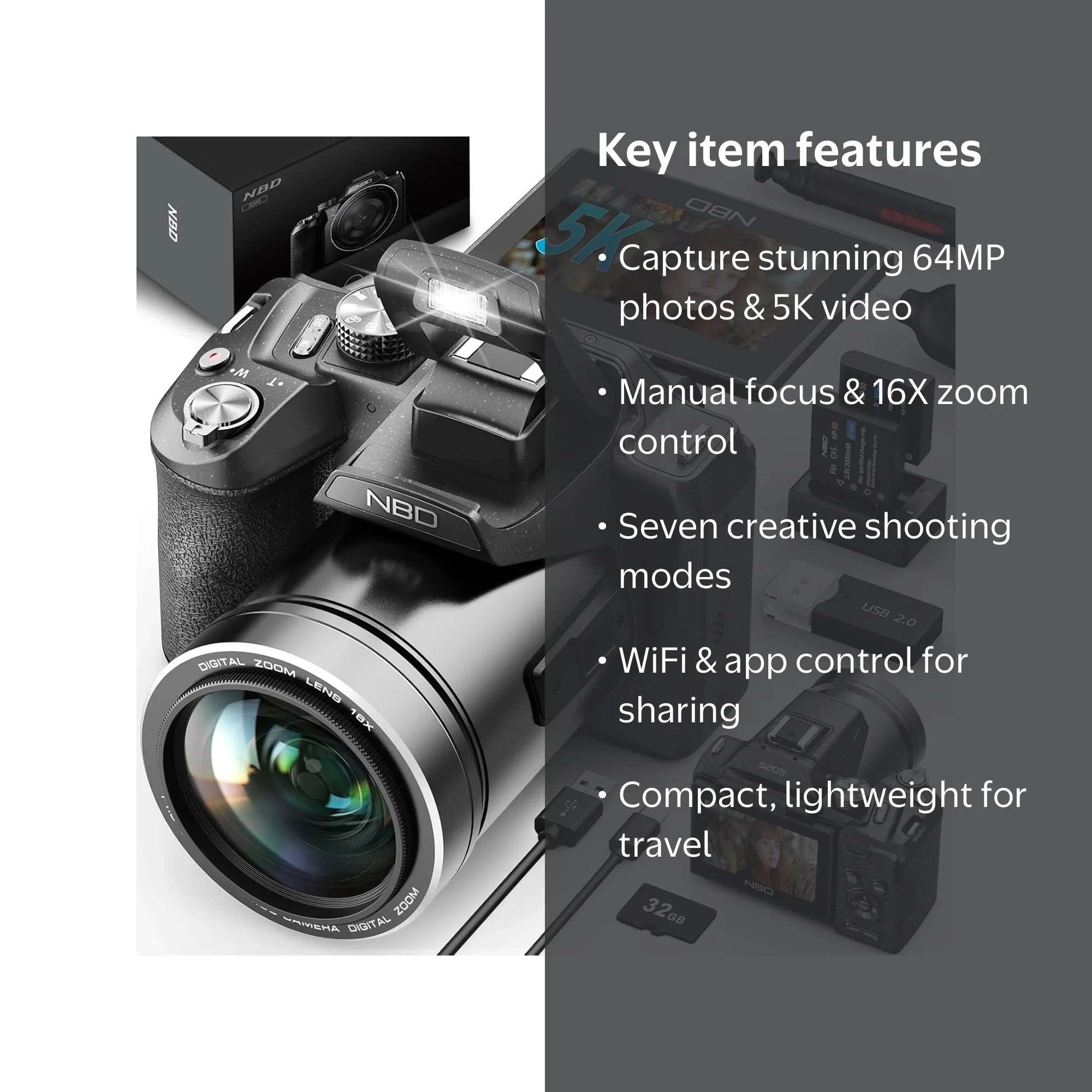 NBD 64MP 5K Autofocus Digital Camera, 16X Zoom, WiFi, App Control