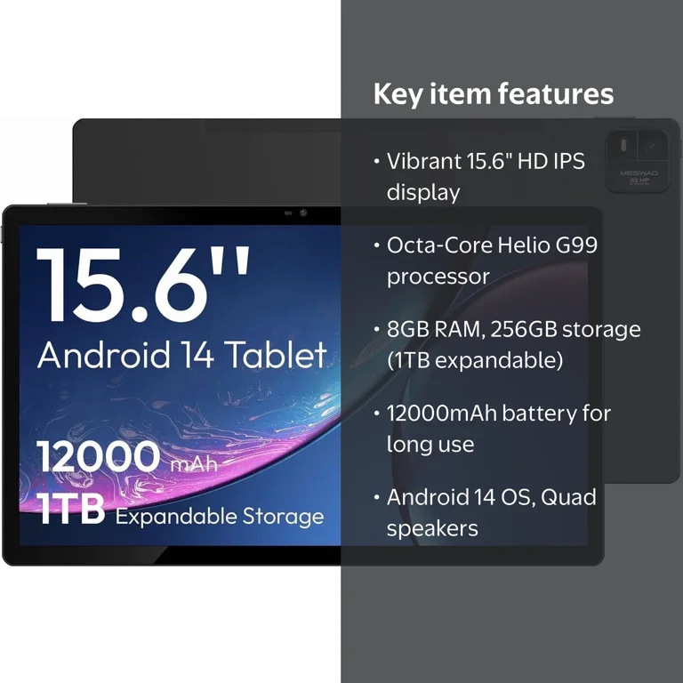 MESWAO, 15.6 Inch Android Tablet, 2025 Model, 8GB 256GB Expandable