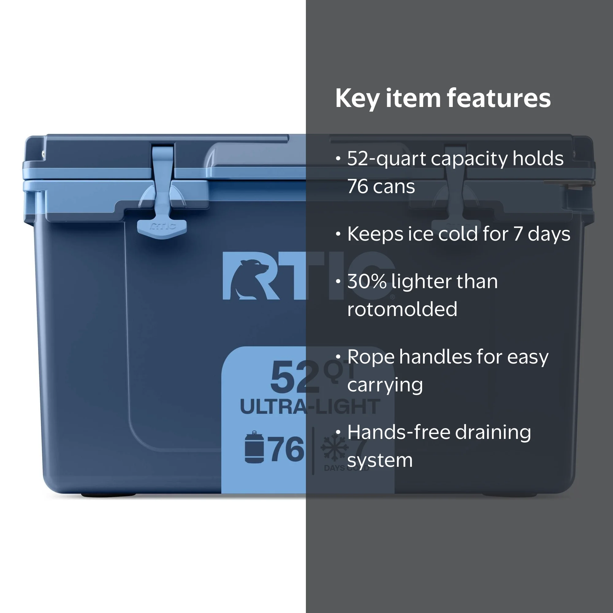 RTIC 52 QT Hard-Sided Ice Chest Cooler, Ultra-Light, Fits 76 Cans