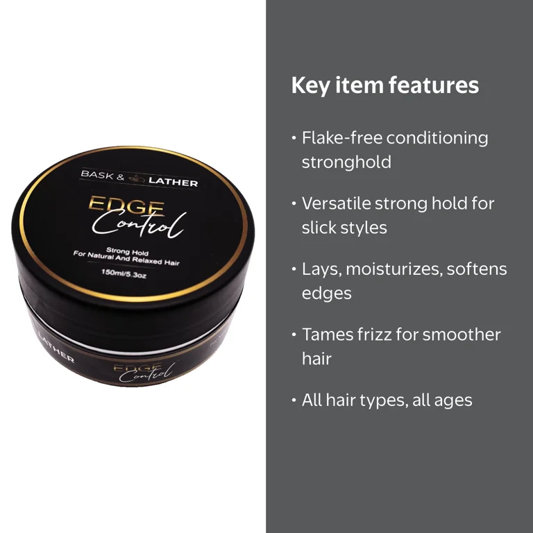 BASK AND LATHER Edge Control Hair Gel, Strong Hold, Thick Edges