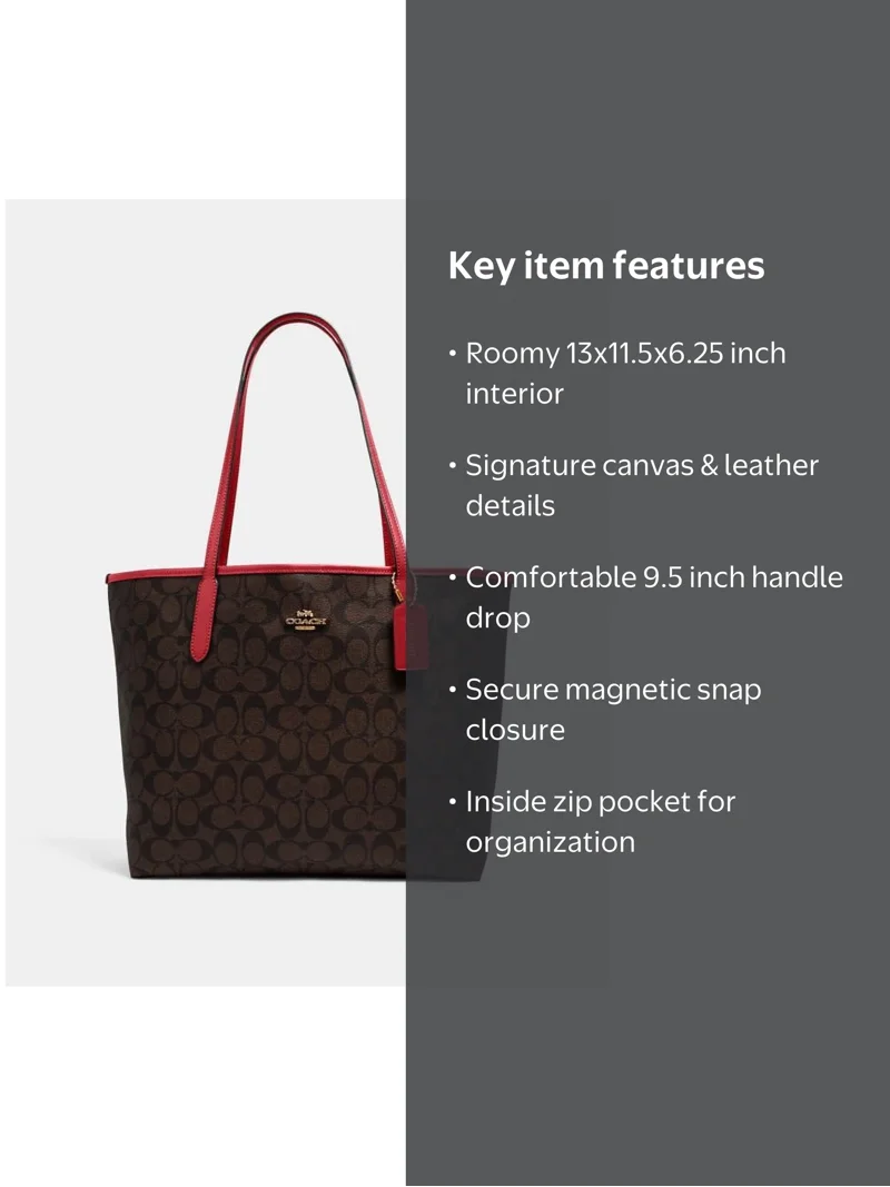 Coach Women's Signature Canvas City Tote, Leather Details, Zip
