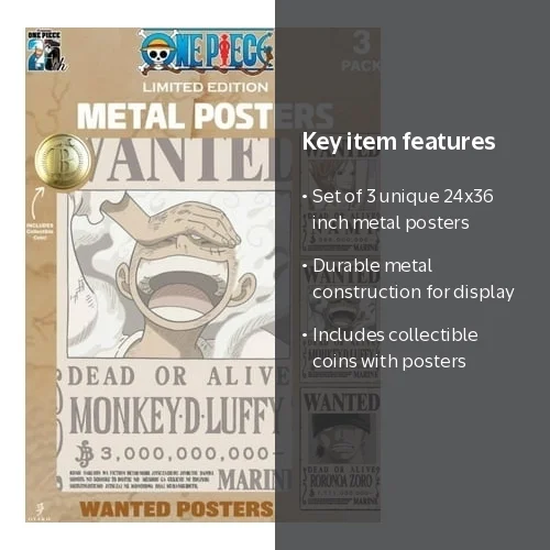 ONE PIECE Metal Wanted Posters 24” x 36” Framed Posters (3 Pack