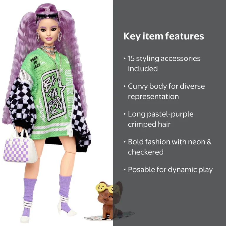 Barbie Extra Fashion Doll with Lavender Hair, Stylish Checkered