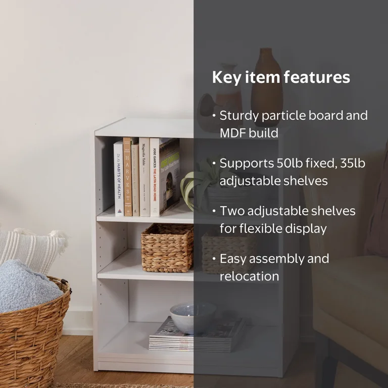 Mainstays White 3-Shelf Bookcase with Adjustable Shelves, 31 inch