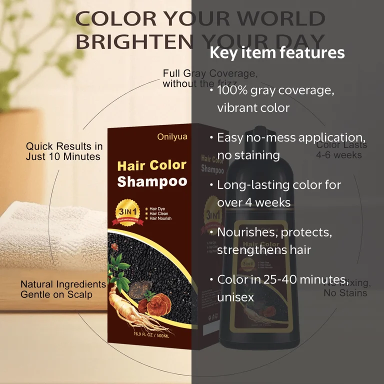 Onilyua, Hair Dye Shampoo, 16.9 fl oz, 3 in 1 herbal gray coverage