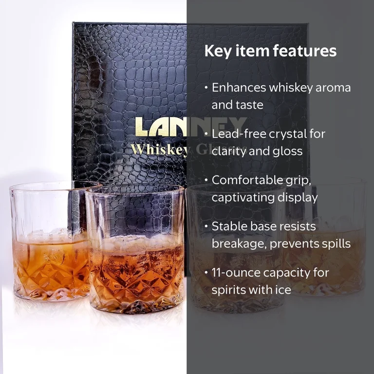 LANNEY Whiskey Glasses Set of 4, 11 oz Crystal Bourbon Glass, Scotch Cocktail Glasses