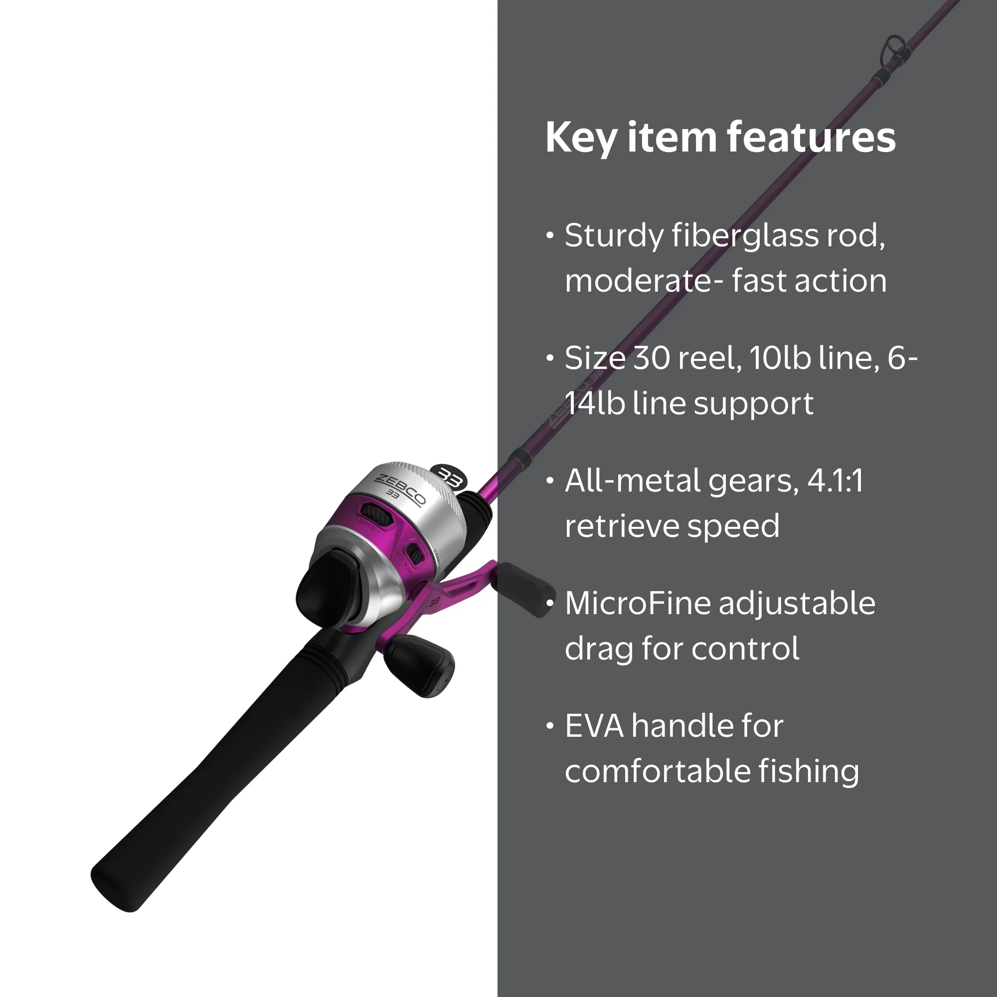 Zebco, Spincast Reel and Fishing Rod Combo, 6 ft 2-Piece, Purple