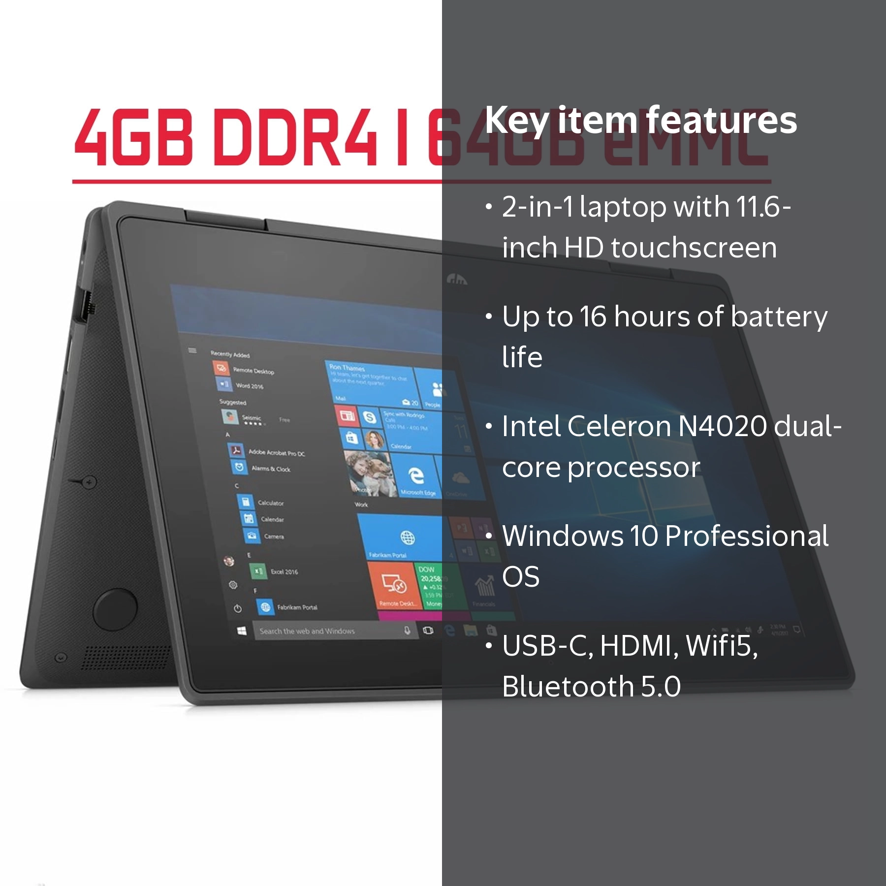 HP ProBook x360 11 G5 EE 2 in 1 Laptop, 11.6” HD, Intel N4020, 4GB