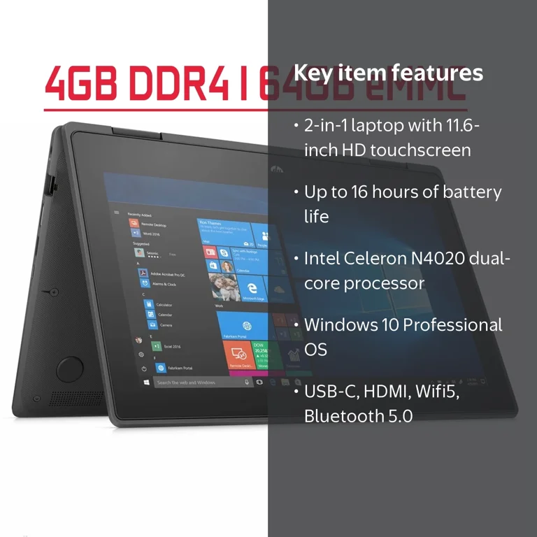 HP ProBook x360 11 G5 EE 2 in 1 Laptop, 11.6” HD, Intel N4020, 4GB