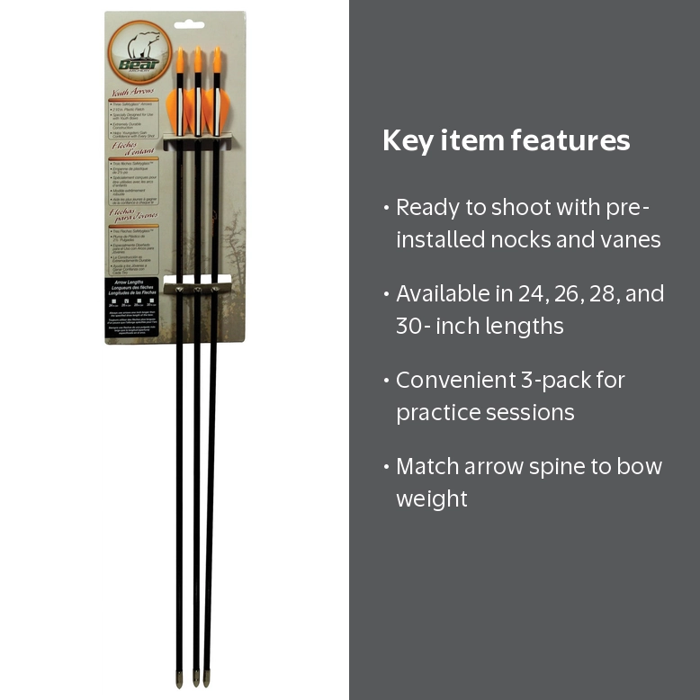 Bear Archery Youth Safetyglass Arrows, 24 Inch, Fiberglass, 3-Pack