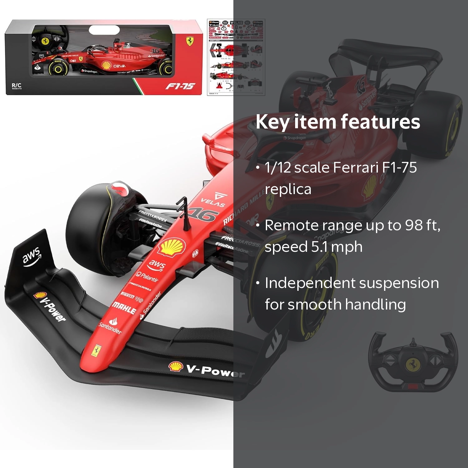 Rastar, Ferrari F1-75 Remote Control Car, 1/12 Scale, Black
